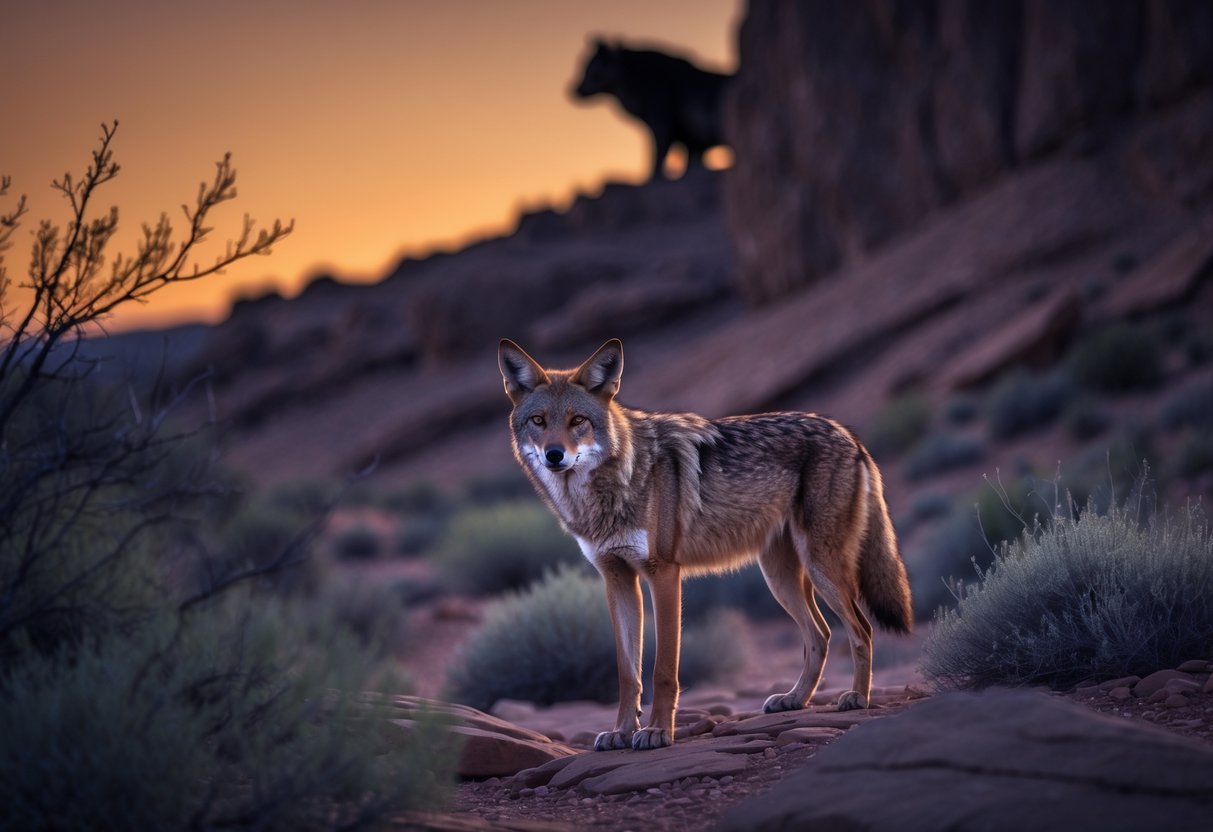 A coyote standing alert on rocky desert terrain at dusk, sensing a large predator hiding in the shadows nearby.