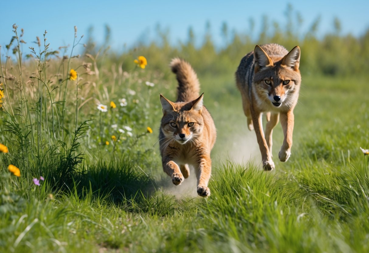 A house cat running quickly across a grassy field with a coyote chasing closely behind.