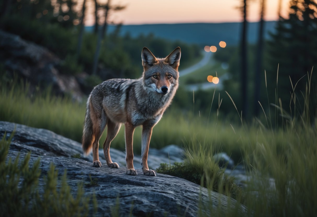 A cautious coyote standing on rocky ground near a forest with a distant dirt road and faint lights from a small settlement in the background.
