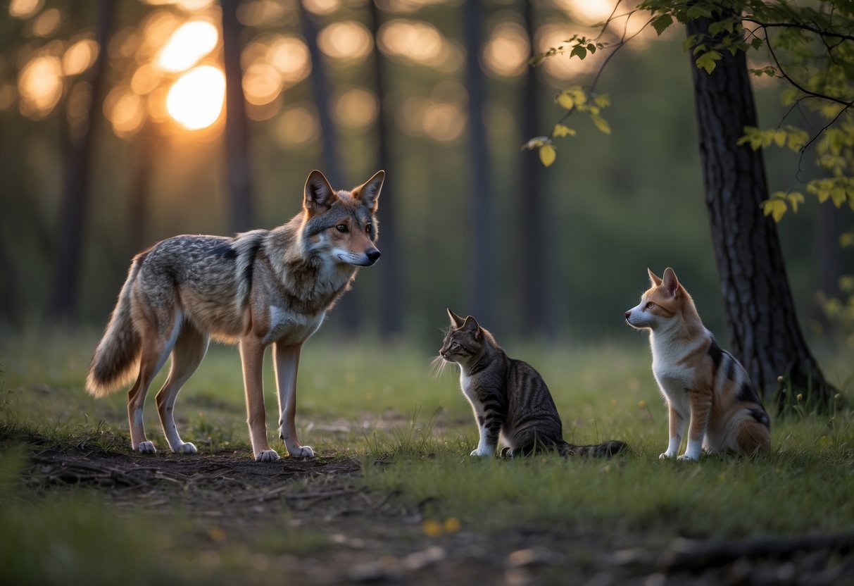 A coyote, a cat, and a small dog in a forest clearing at dusk, with the animals alert and observing each other.
