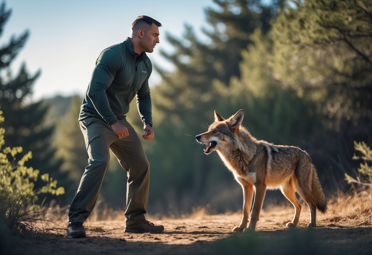 A man in casual clothes stands defensively facing a growling coyote in a forested area.