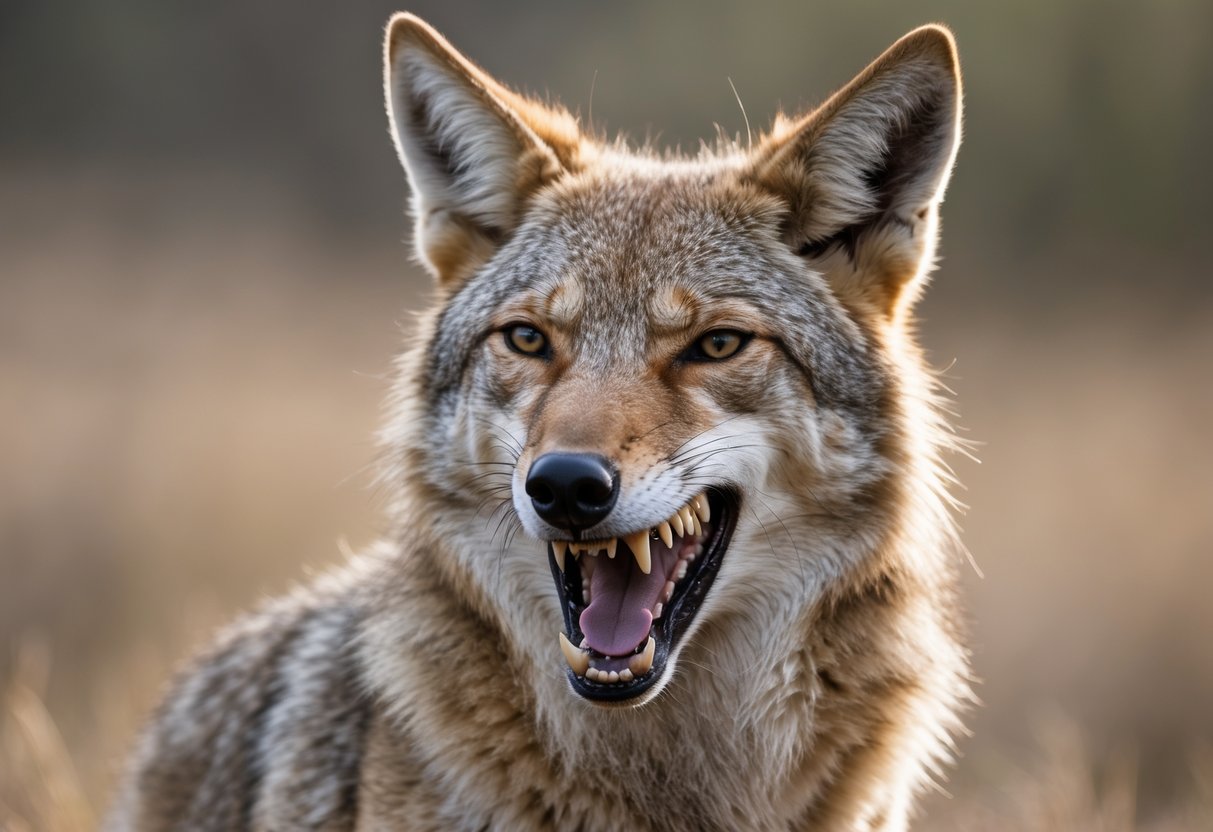Close-up of a coyote showing its open mouth and sharp teeth in a natural outdoor setting.