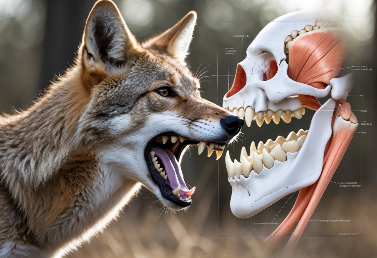 Close-up side view of a coyote with its mouth open, showing teeth and jaw muscles alongside a transparent anatomical diagram of its skull and jaw.