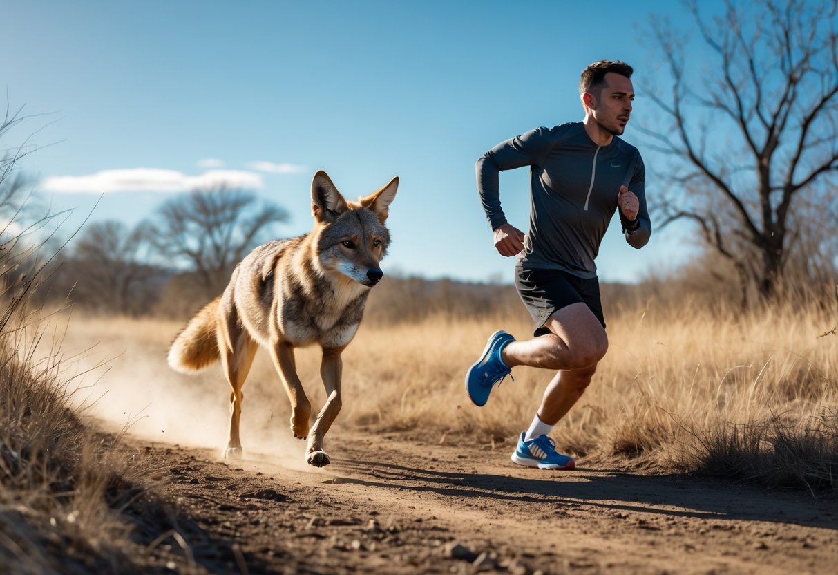 A coyote and a human running side by side on a dirt trail in a natural outdoor setting.