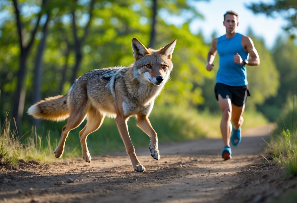 A coyote and a human runner side by side on a dirt trail in a forest, both running swiftly.