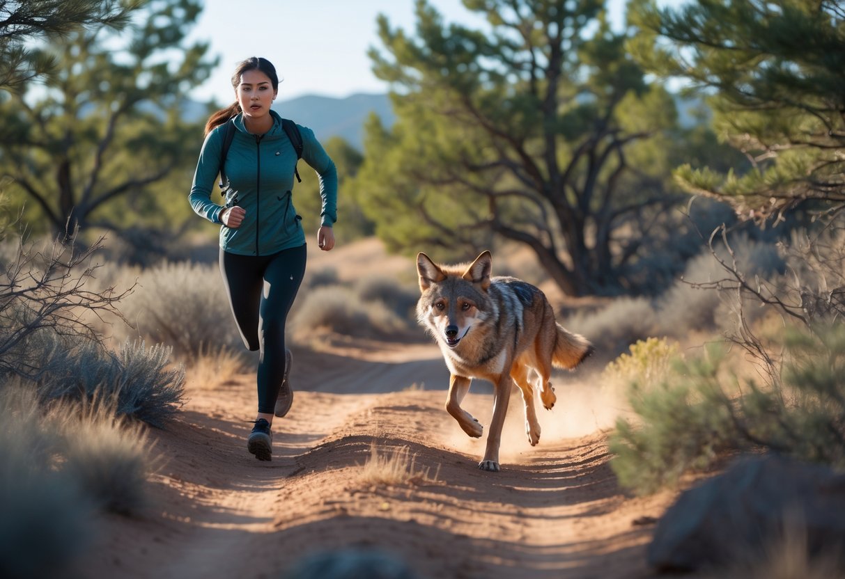 A person running on a trail with a coyote chasing behind in a natural outdoor setting.