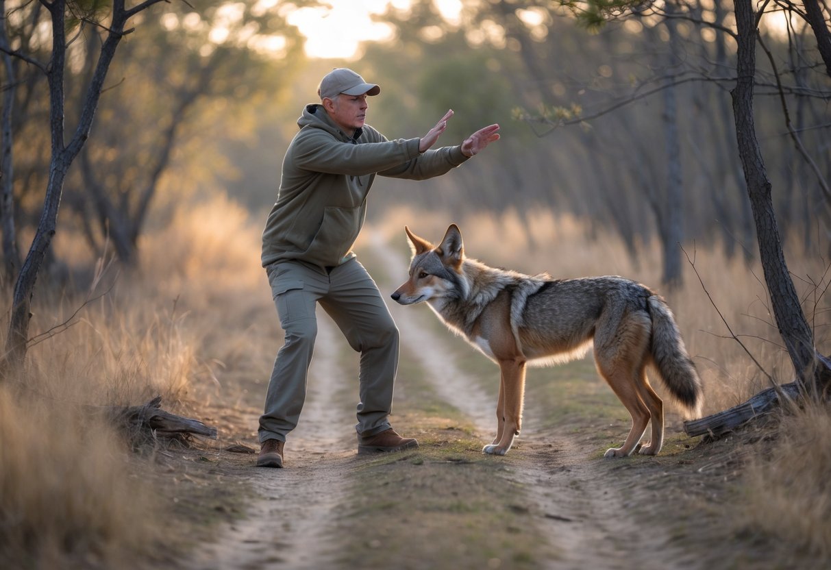 A person standing on a dirt trail in the woods facing a cautious coyote a few feet away.