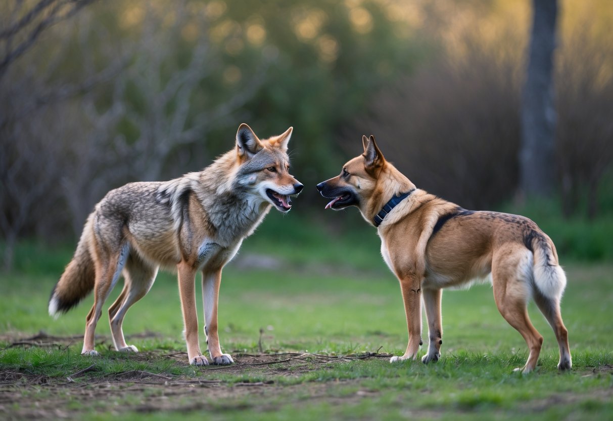 A coyote and a dog facing each other in a grassy outdoor area, both showing alert and cautious behavior.