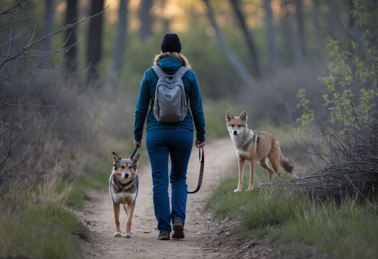 A person walking a dog on a forest trail with a cautious coyote watching from behind bushes nearby.