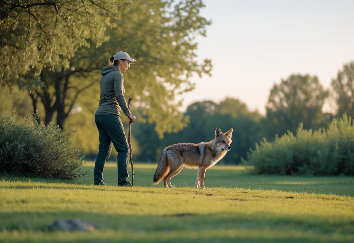 A person in a park cautiously observing a coyote from a safe distance among trees and grass.