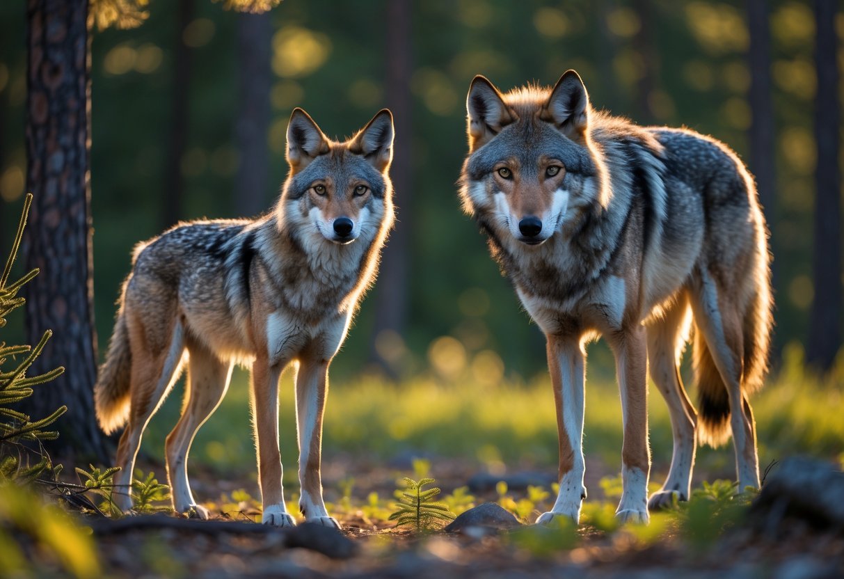 A coyote and a wolf standing side by side in a forest with sunlight filtering through the trees.