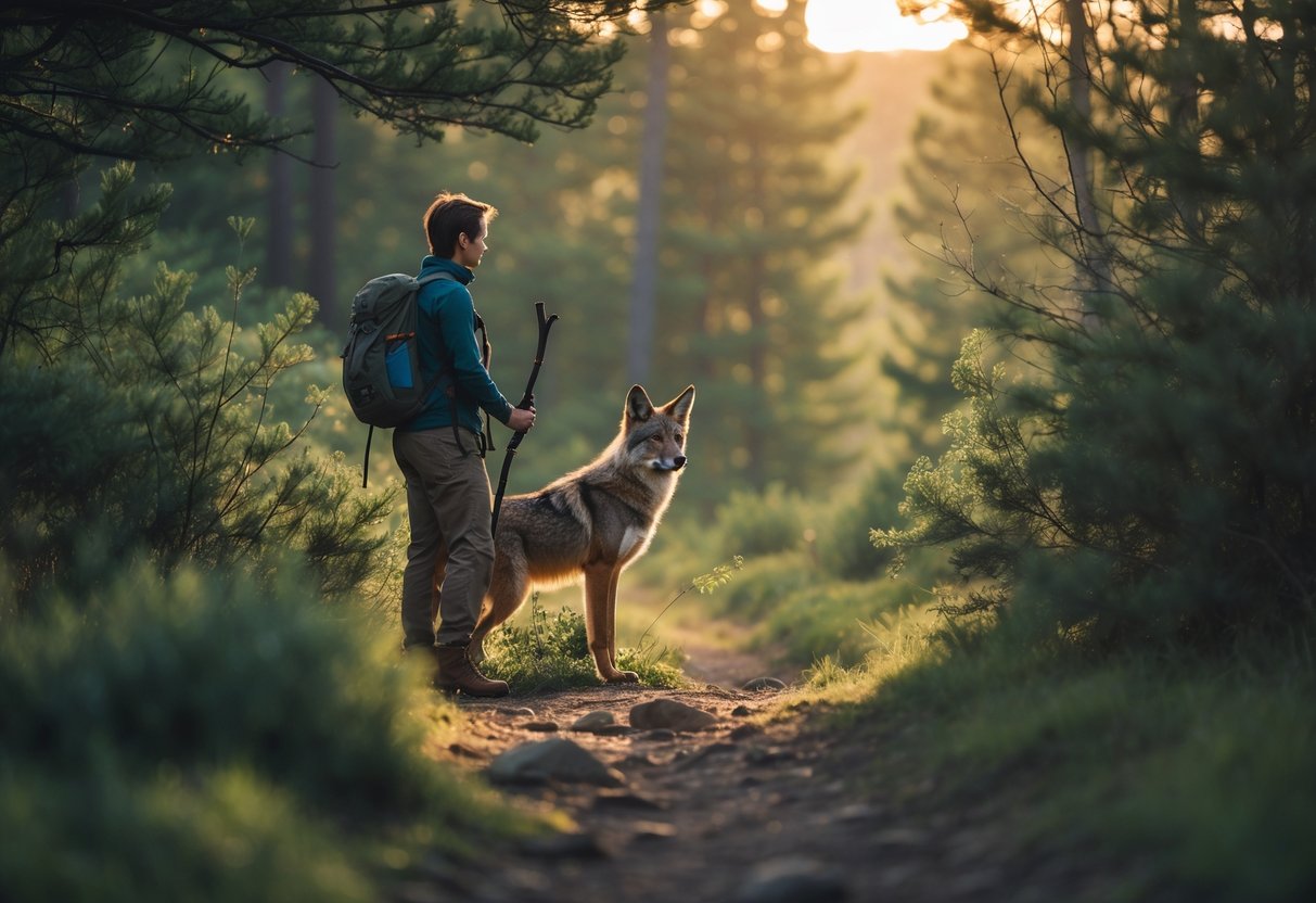 A person on a forest trail looking at a nearby coyote partially hidden behind bushes.