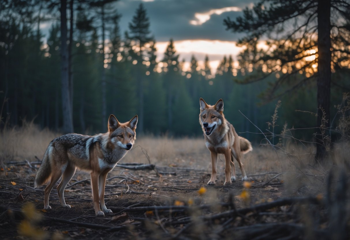 A coyote standing alert and looking at a barking dog in a forested area at dusk.