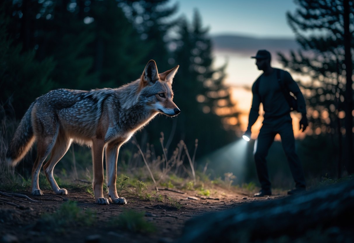 A cautious coyote in a forest clearing looking towards a large human figure standing at the edge of the trees at dusk.