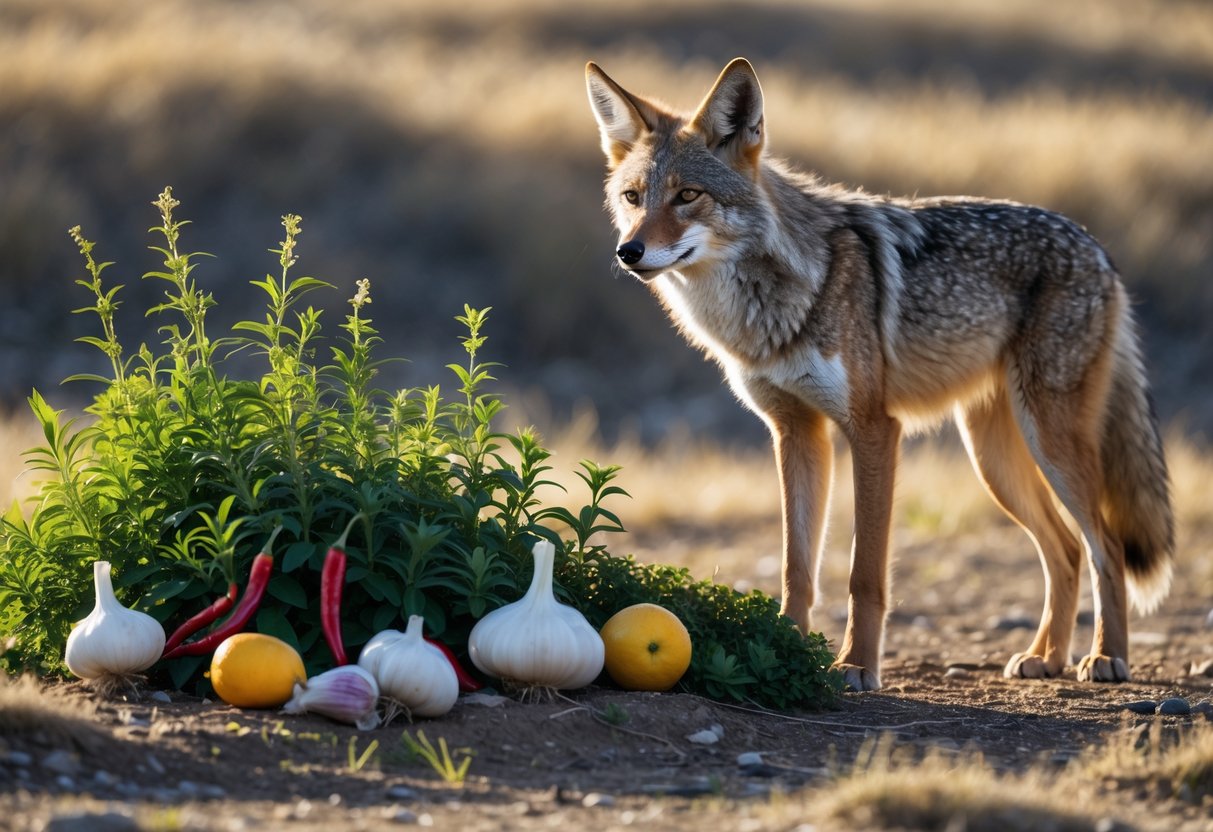 A coyote standing alert near garlic, chili peppers, and citrus fruits in a grassy outdoor area.