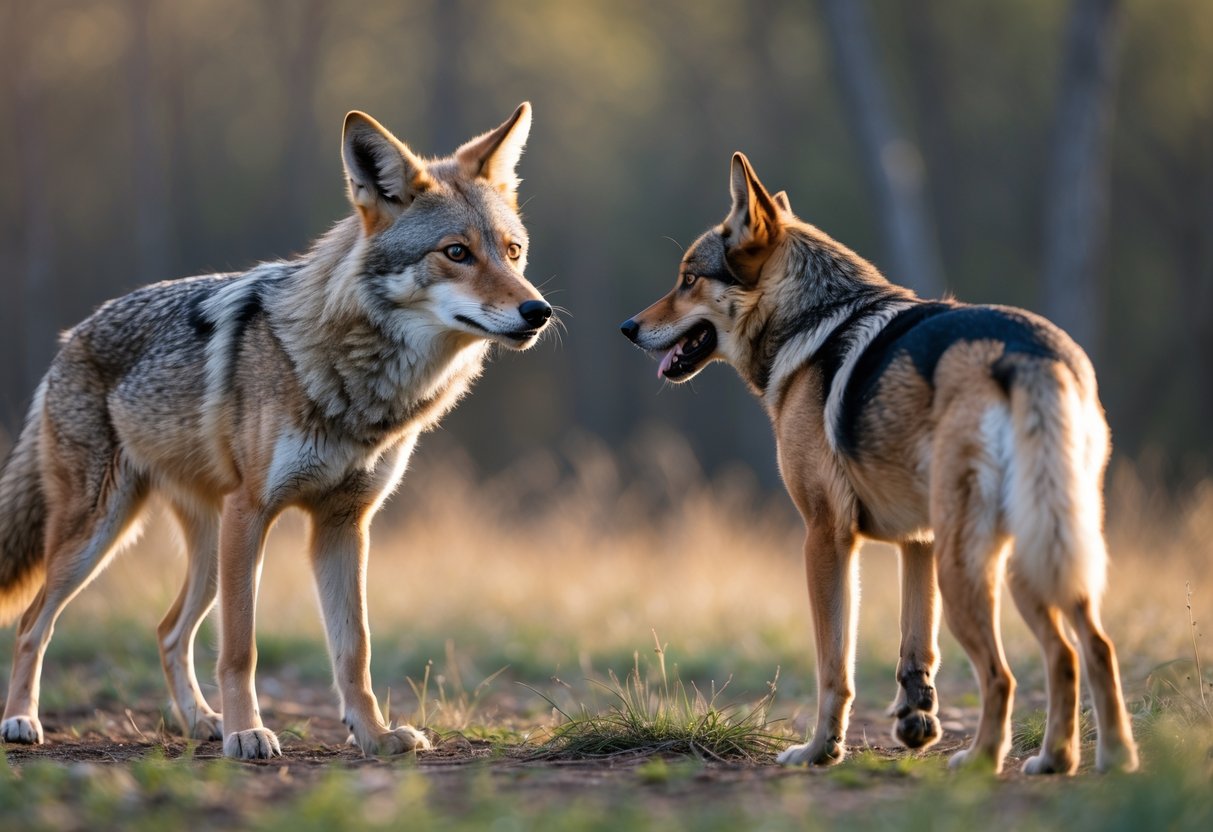 A coyote looking startled and cautious while facing a dog in a natural outdoor setting.