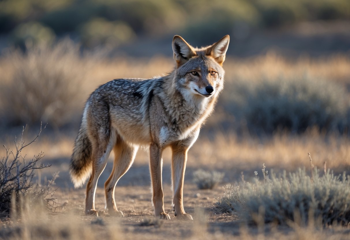 A wild coyote standing alert in a dry grassland with shrubs in the background.