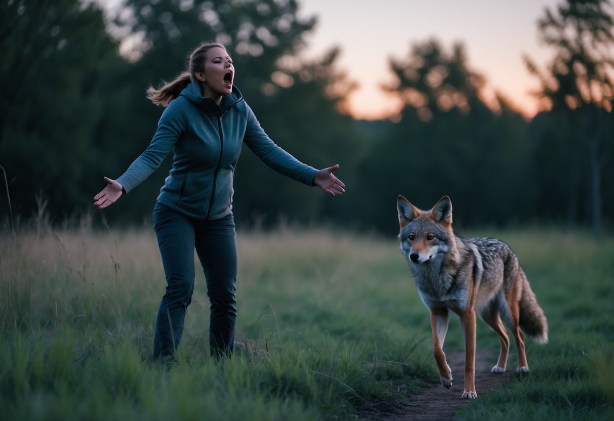 A person outdoors at dusk yelling while a coyote nearby looks alert and begins to move away.