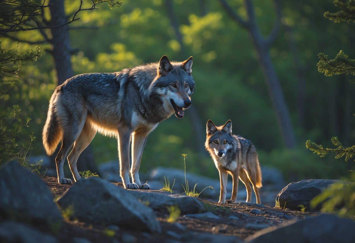 A gray wolf and a coyote in a forest, with the wolf standing alert and the coyote looking cautious nearby.