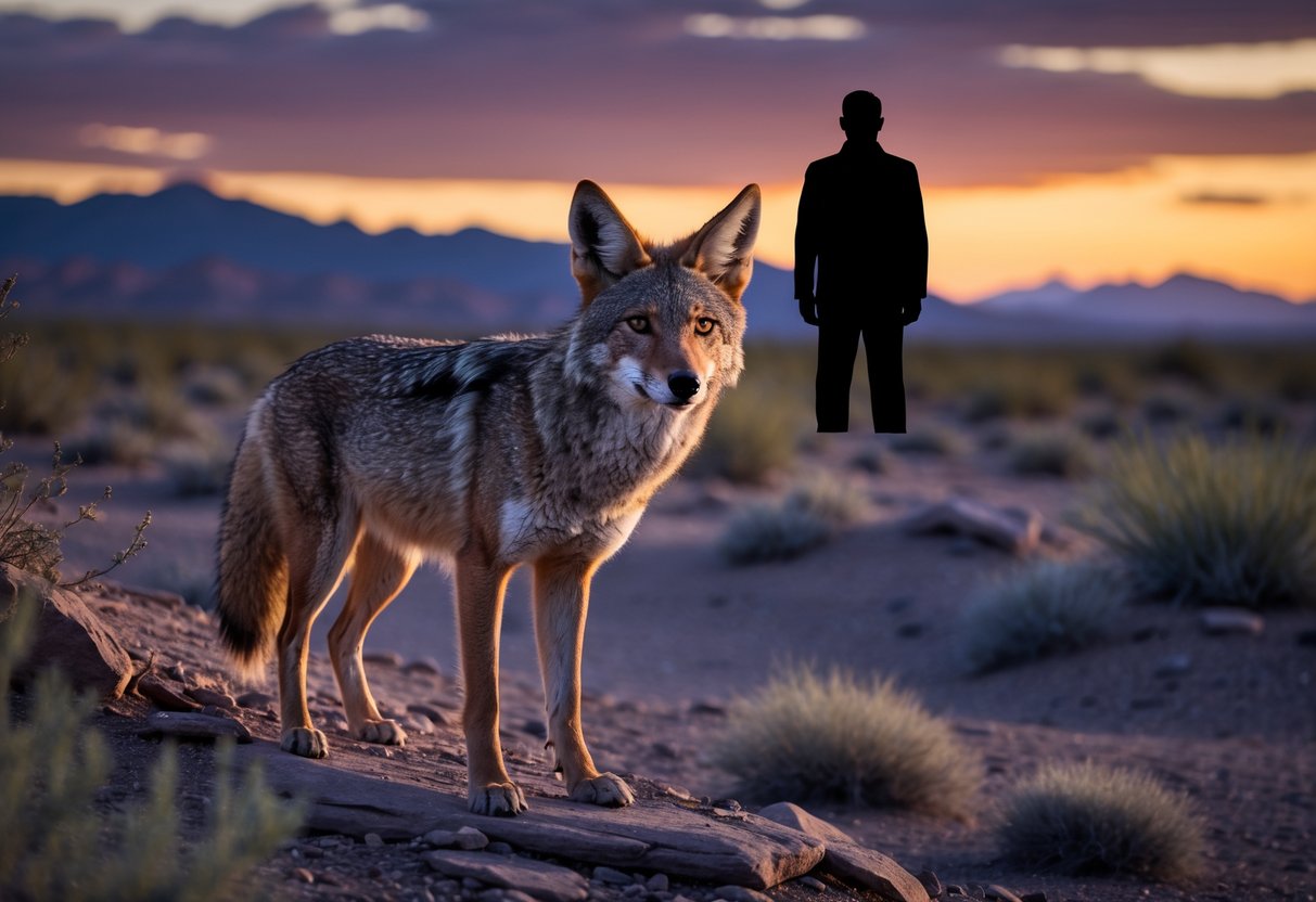 A coyote standing alert on rocky desert terrain looking toward a shadowy human figure at dusk.