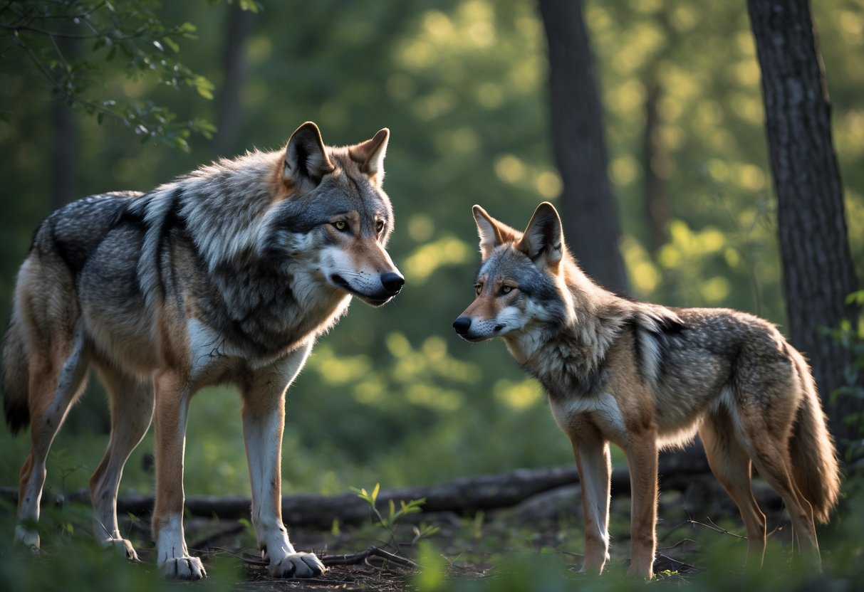 A wolf and a coyote face each other in a forest, both looking alert and tense.