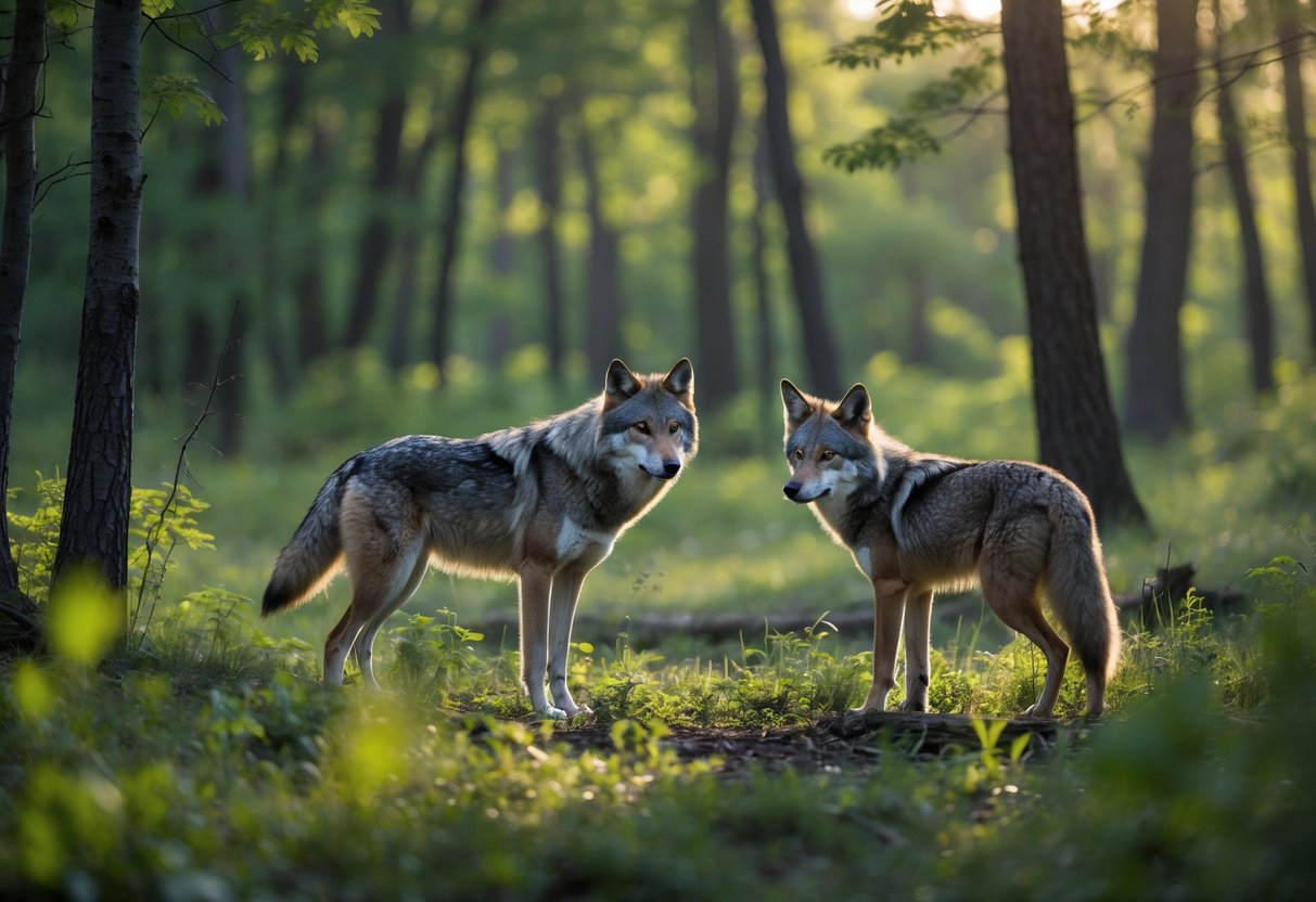 A gray wolf and a coyote face each other in a forest with green trees and sunlight filtering through.
