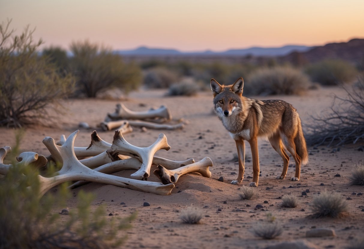 A coyote standing near scattered animal bones in a desert landscape at dusk.