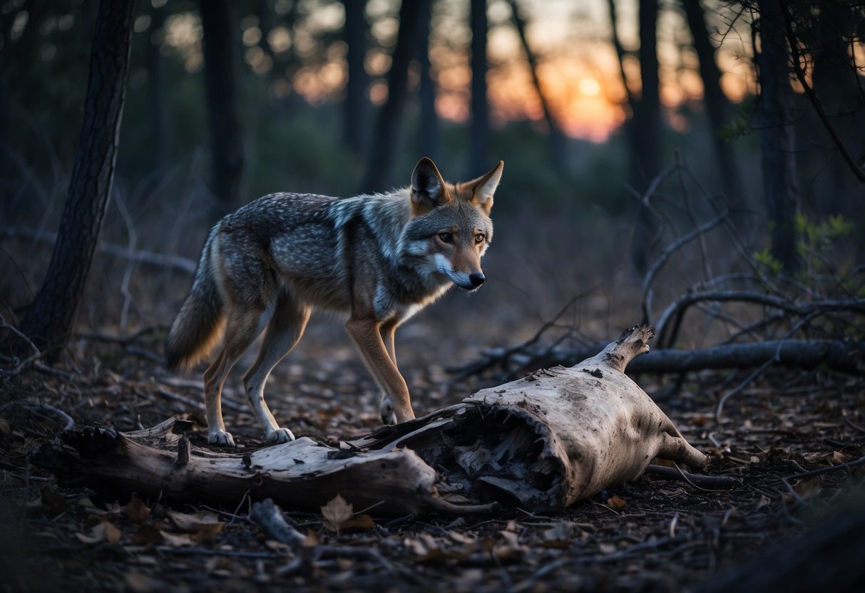 A coyote cautiously approaching an animal carcass in a forest at dusk.