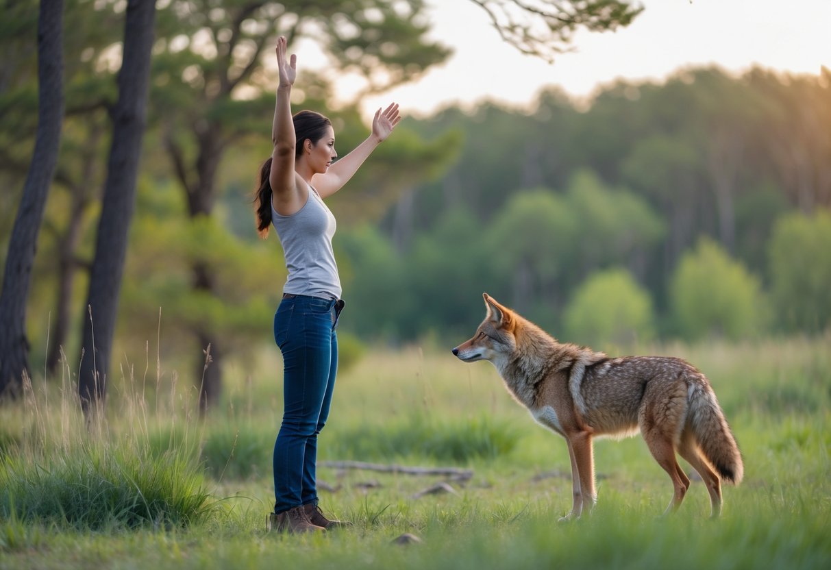 A person calmly standing outdoors facing a coyote that is approaching nearby in a natural setting.