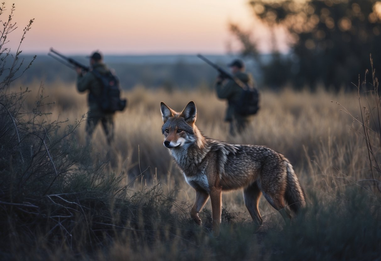A coyote cautiously emerging from tall grass in a wild landscape at dusk, with distant hunters visible in the background.