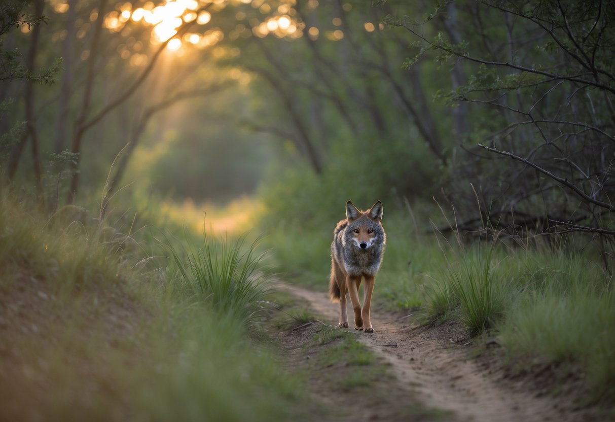 A coyote walking cautiously through tall grass near a forest edge in early morning light.
