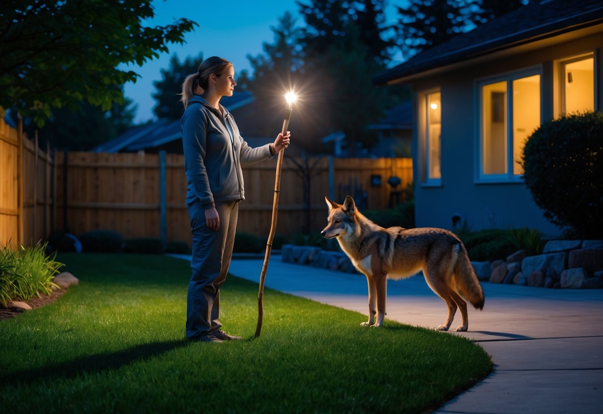 A person holding a flashlight and walking stick stands in a backyard facing a cautious coyote near a wooden fence at dusk.