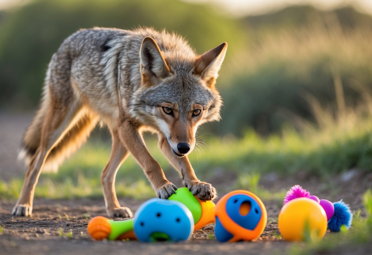 A coyote playing with colorful dog toys outdoors in a natural setting.