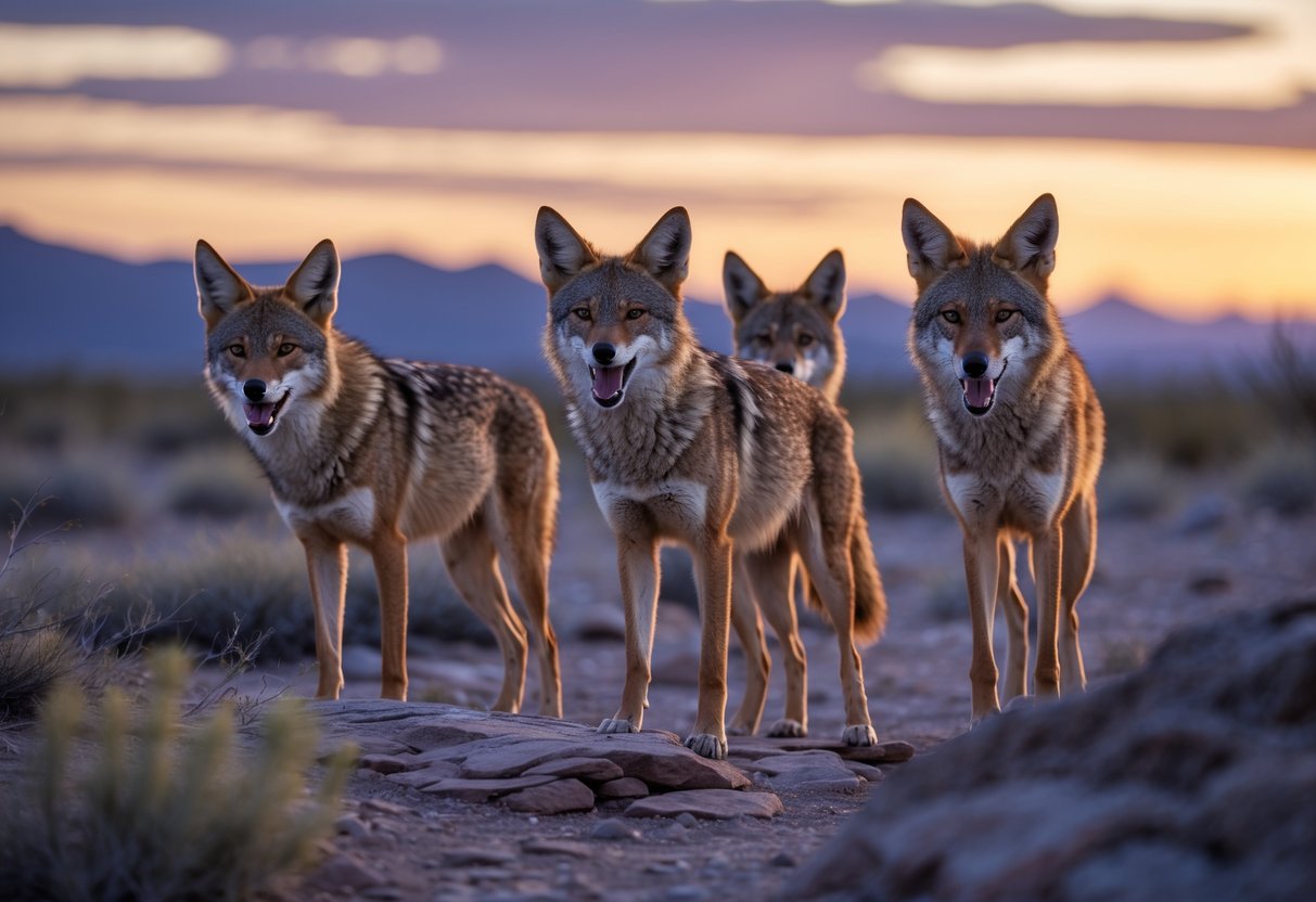 A group of coyotes standing on rocky terrain at twilight, with their mouths open as if yipping, surrounded by desert plants and distant mountains.