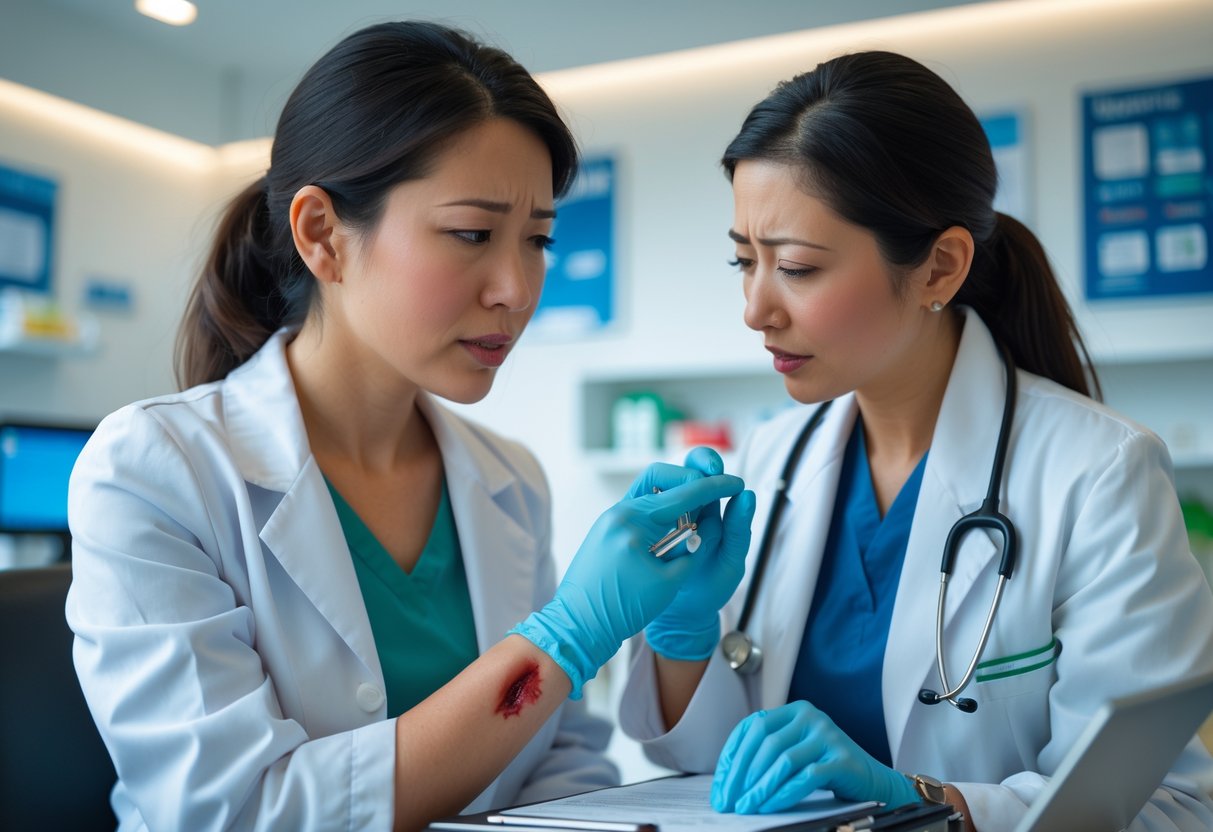A woman showing a fresh bite wound on her arm being examined by a healthcare professional in a medical clinic.