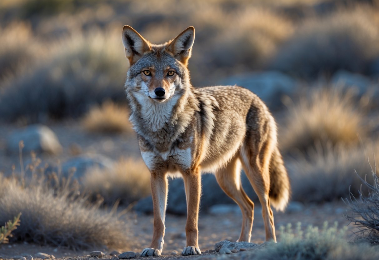 A wild coyote standing alert in a natural outdoor setting with dry grass and shrubs.