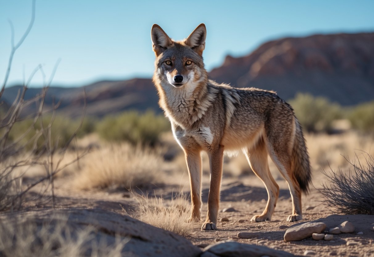 A wild coyote standing alert in a desert landscape with dry grasses and rocks under a clear blue sky.