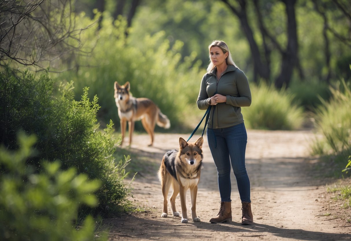A woman holding her dog on a leash in a park while a coyote watches cautiously from behind bushes.