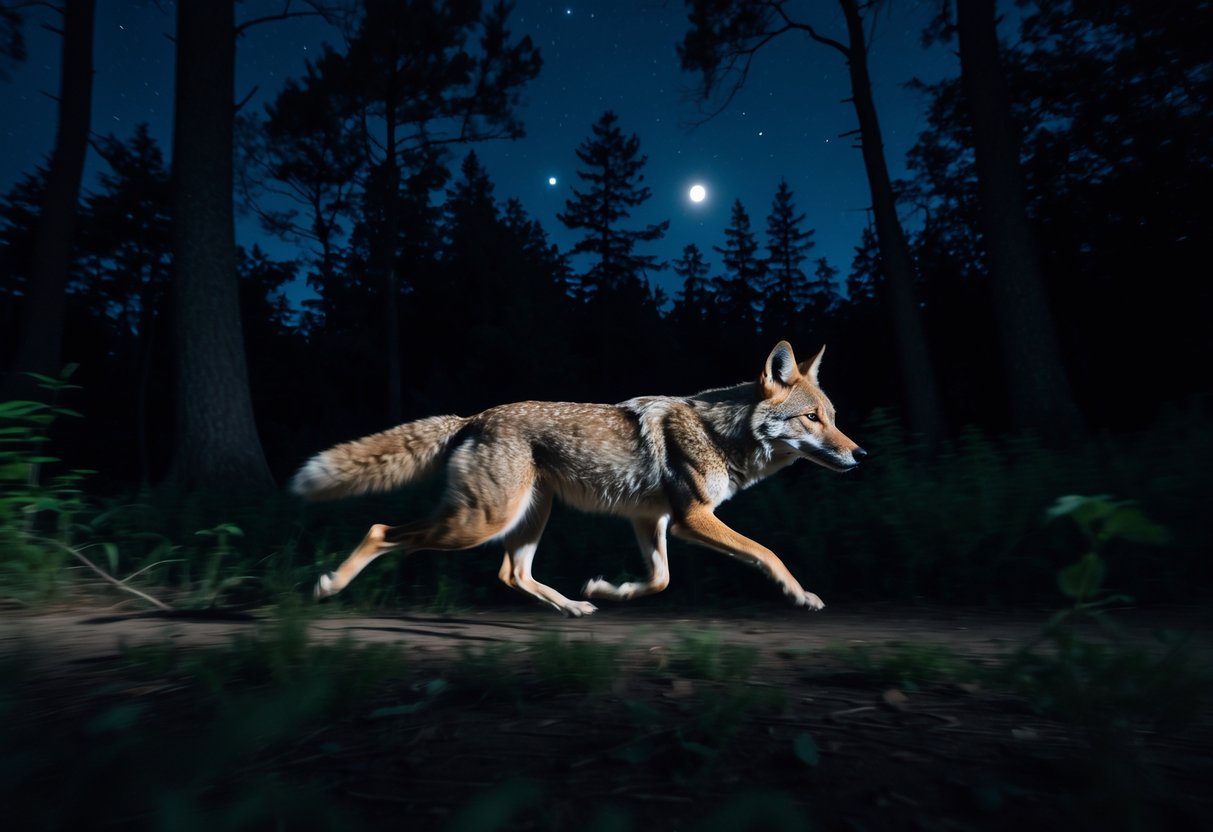 A coyote running quickly through a dark forest at night under moonlight.