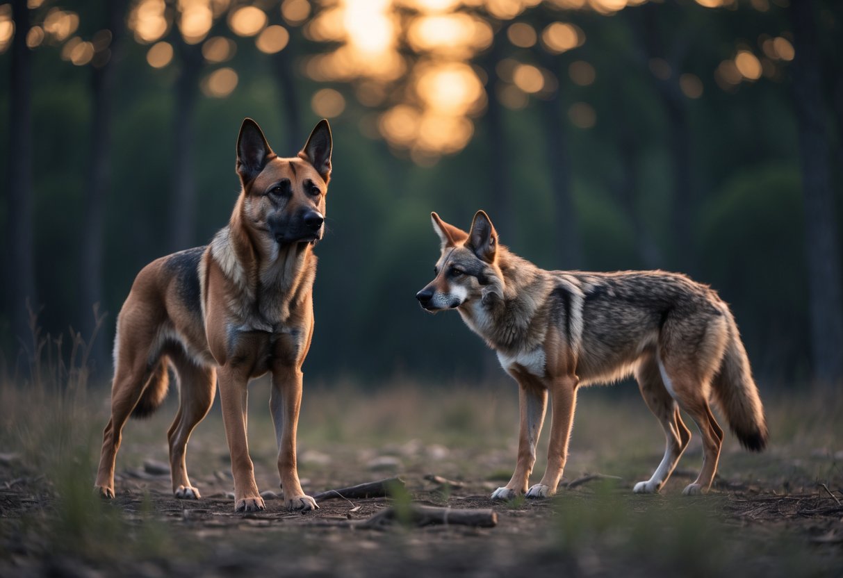 A domestic dog and a wild coyote face each other in a forest clearing at dusk.