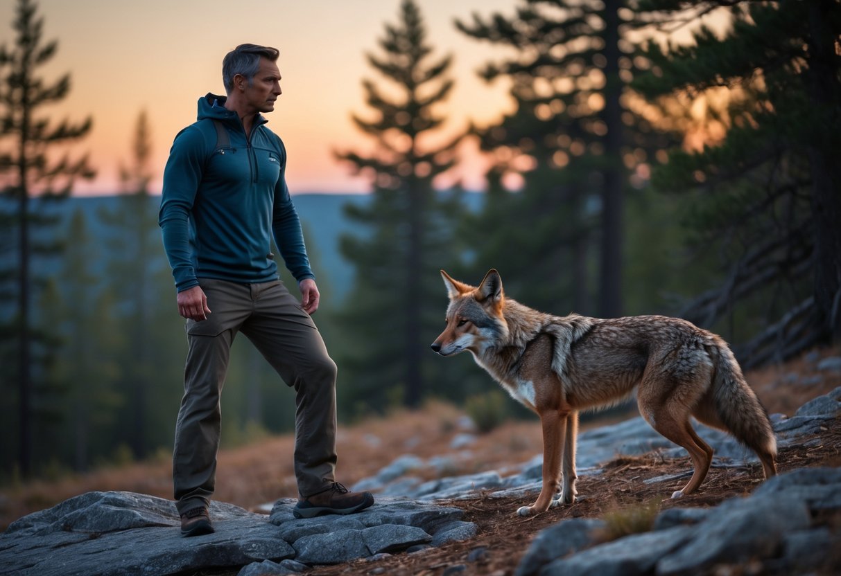 A man standing on rocky ground facing a wild coyote in a forest clearing at sunset.