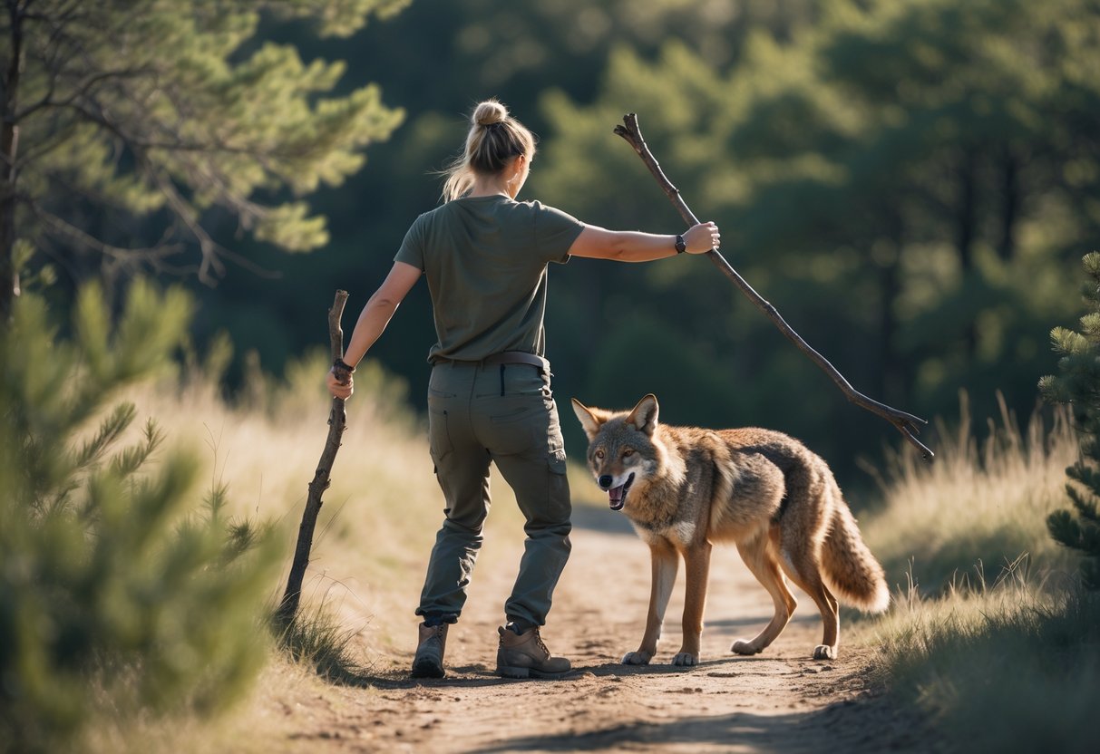 A person standing outdoors holding a stick to defend themselves from an approaching coyote in a natural setting.
