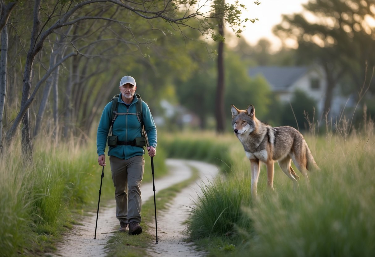 A person walking on a dirt path near tall grass with a coyote watching from behind bushes in a suburban natural area.