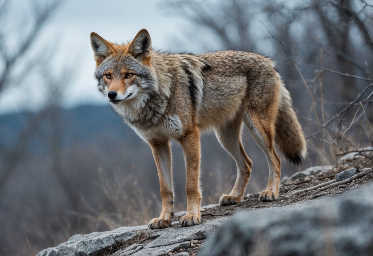 A wild coyote standing alert on rocky ground with leafless trees and an overcast sky in the background.