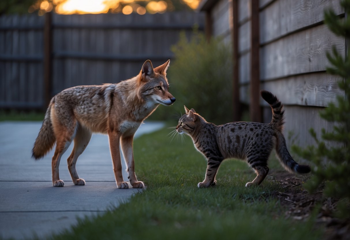A coyote cautiously approaches a domestic cat near a suburban backyard fence at dusk.