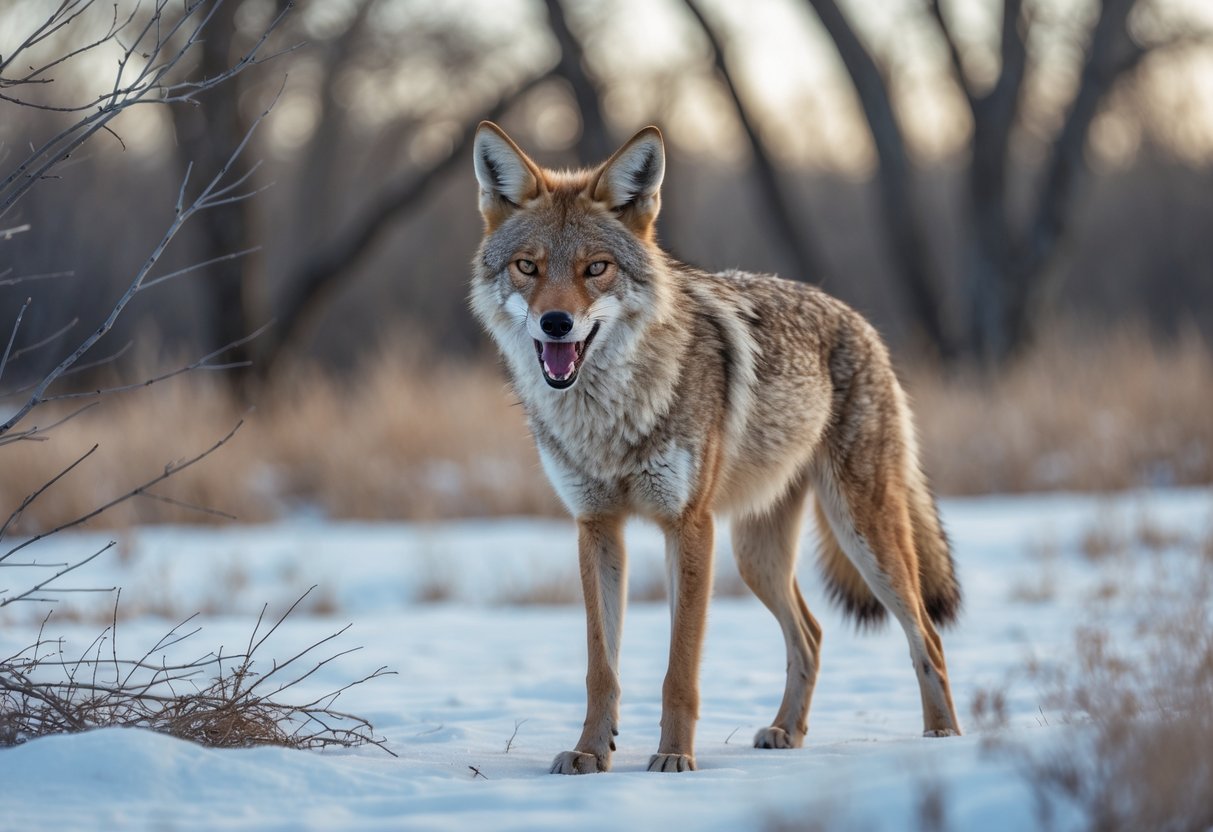 A wild coyote standing alert in a snowy natural landscape with bare trees and dry grasses.