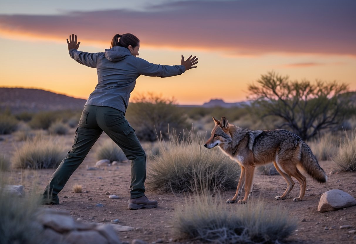 A person standing outdoors with arms raised to scare away a retreating coyote in a natural desert setting at sunset.