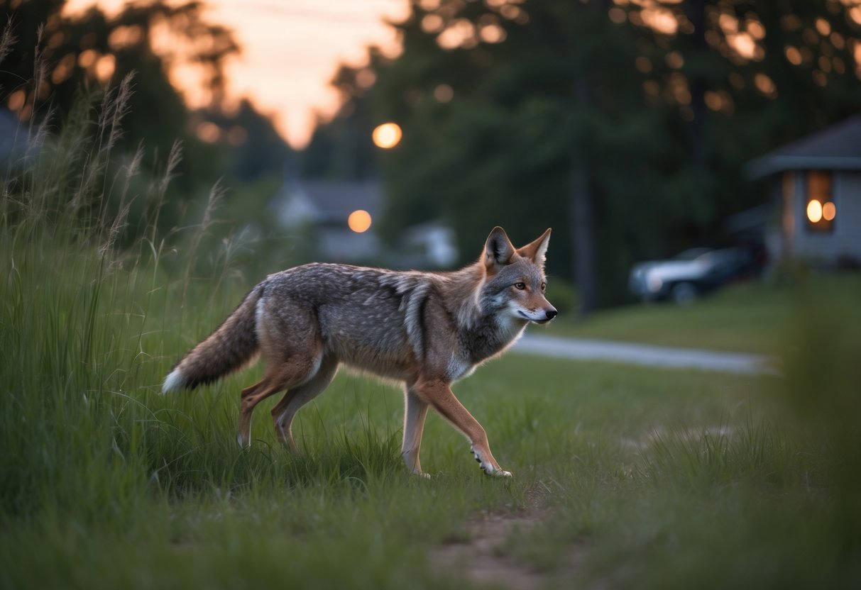 A coyote walking cautiously through tall grass near a forest edge with houses visible in the background at dusk.