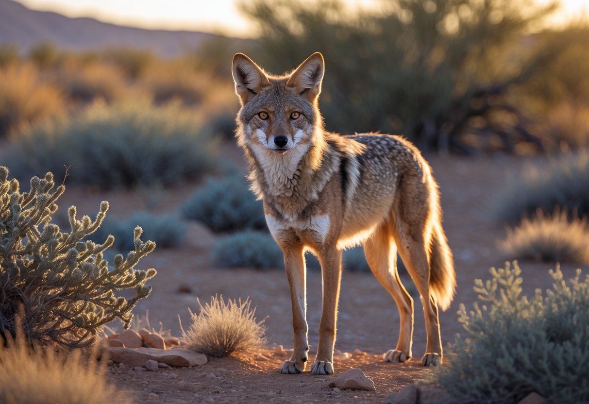 A wild coyote standing alert in a desert landscape with dry shrubs and rocks, looking calmly at the camera.