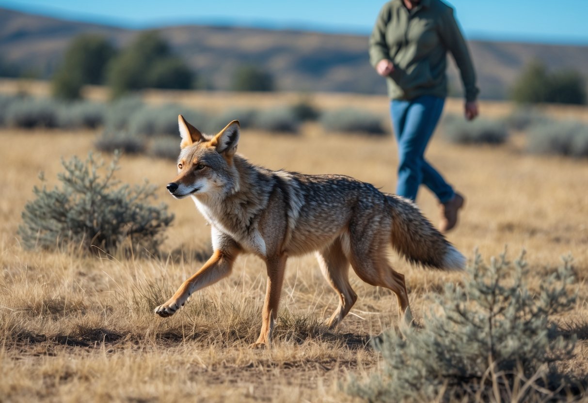 A coyote running away from a person in an open field with dry grass and clear sky.